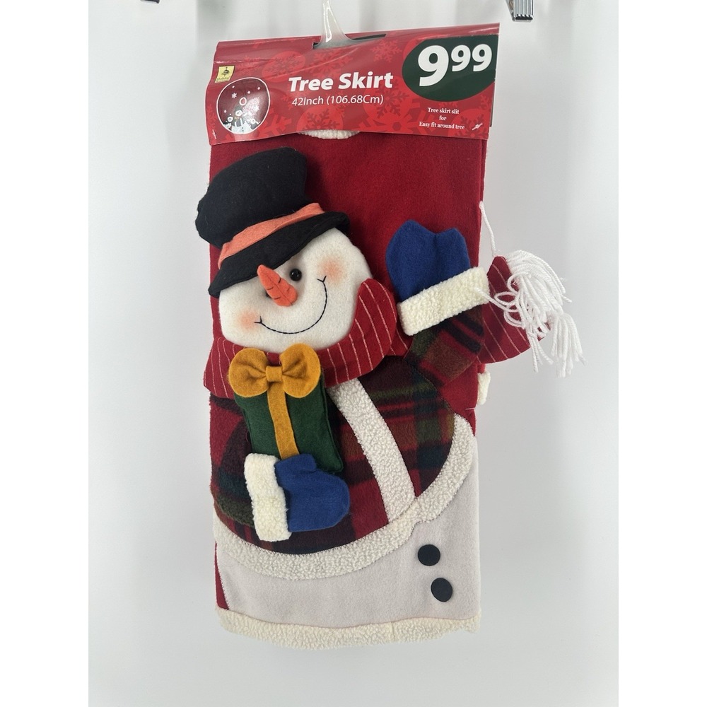 Burlap Christmas Tree Skirt Buffalo Plaid 3D Snowman Home Holiday Tree Skirt 42"